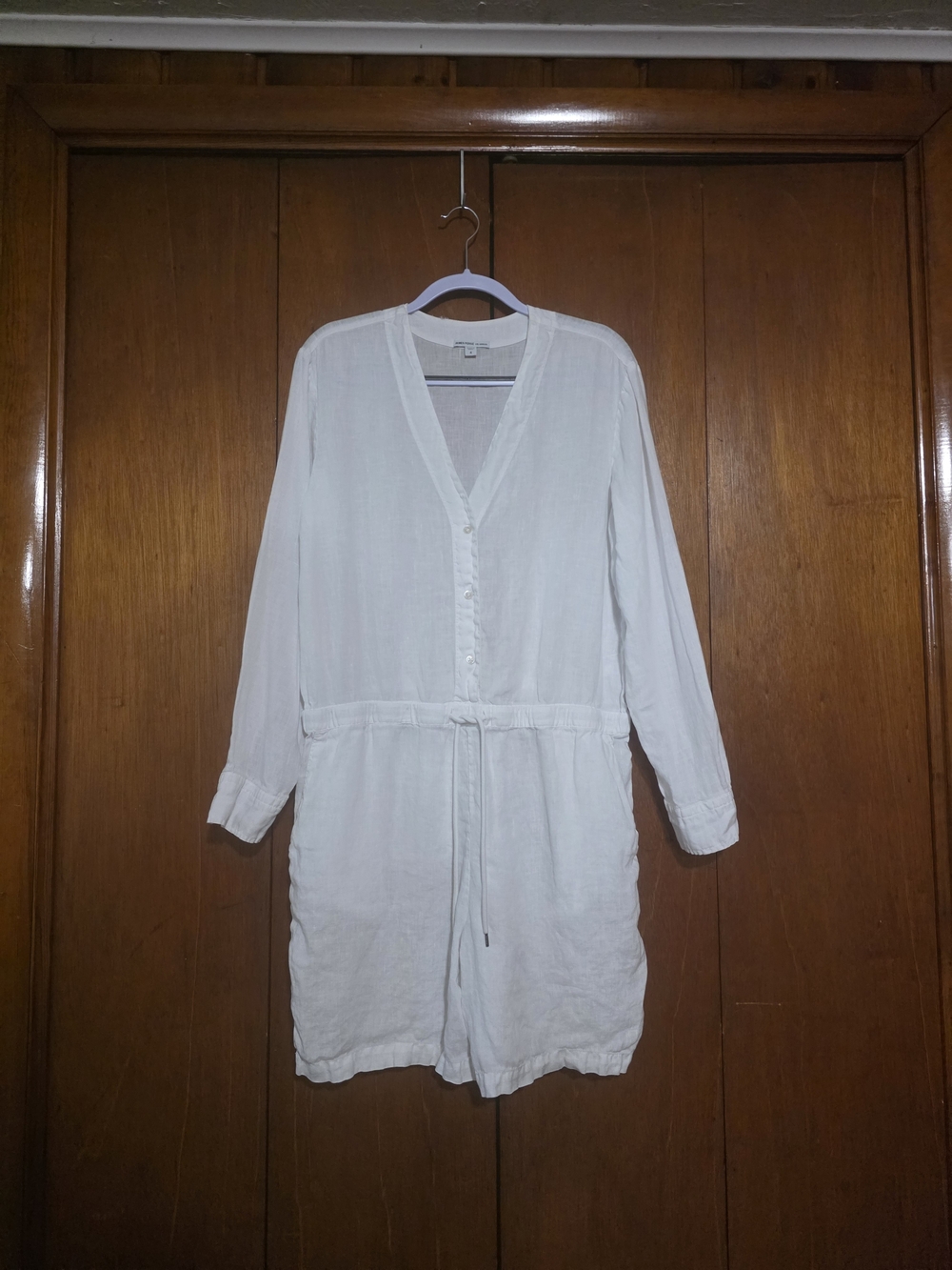 James Perse White V‑Neck Linen Drawstring Romper